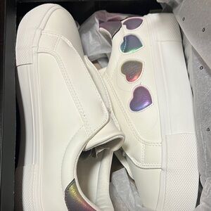 BCBG Girls White Slip on Sneakers with Multicolor Heart Accents